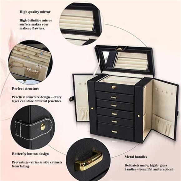 Extra Large Jewelry Box Jewelry Case PU Leather 6 Tier 5 Drawers Large Storage - Picture 4 of 6